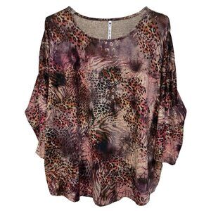 Leo & Nicole Womens 1X Top 3/4 Sleeve Stretch Pullover Soft Colorful Animal